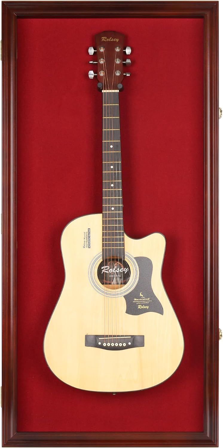 DisplayGifts 45' Acoustic Guitar Display Case Cabinet Wall Mountable Guitar Case Frame Fits Most Guitars 98% UV Protection Red Felt Interior Mahogany Finish