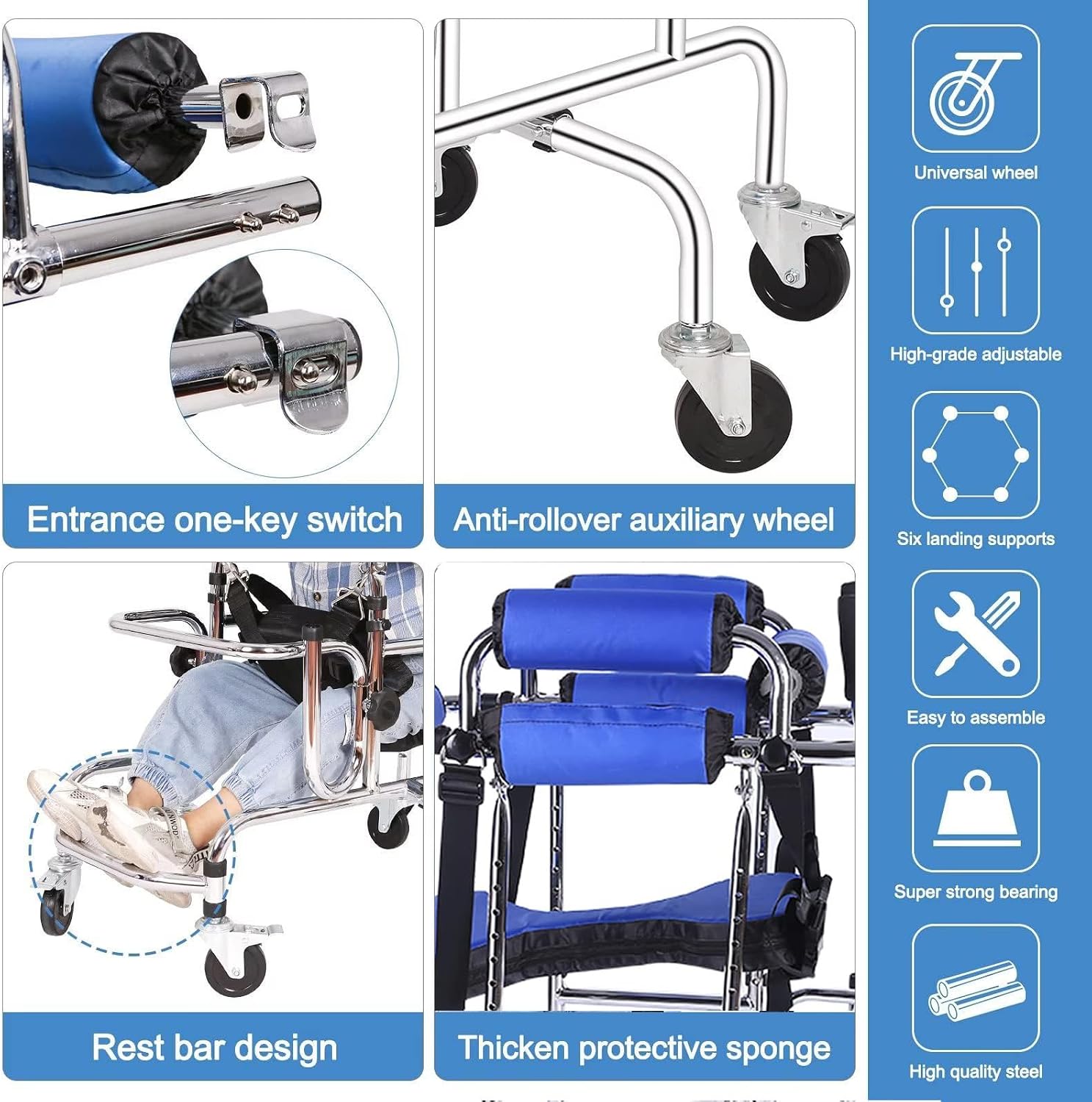 Walkers Disabled Children Cerebral Palsy Disabled Kids Walker Six Wheel Anti Tilt Foldable Belt Seat Adjustable Height Width, Disabled Auxiliary Equipment Rehabilitation Training Walking Aid