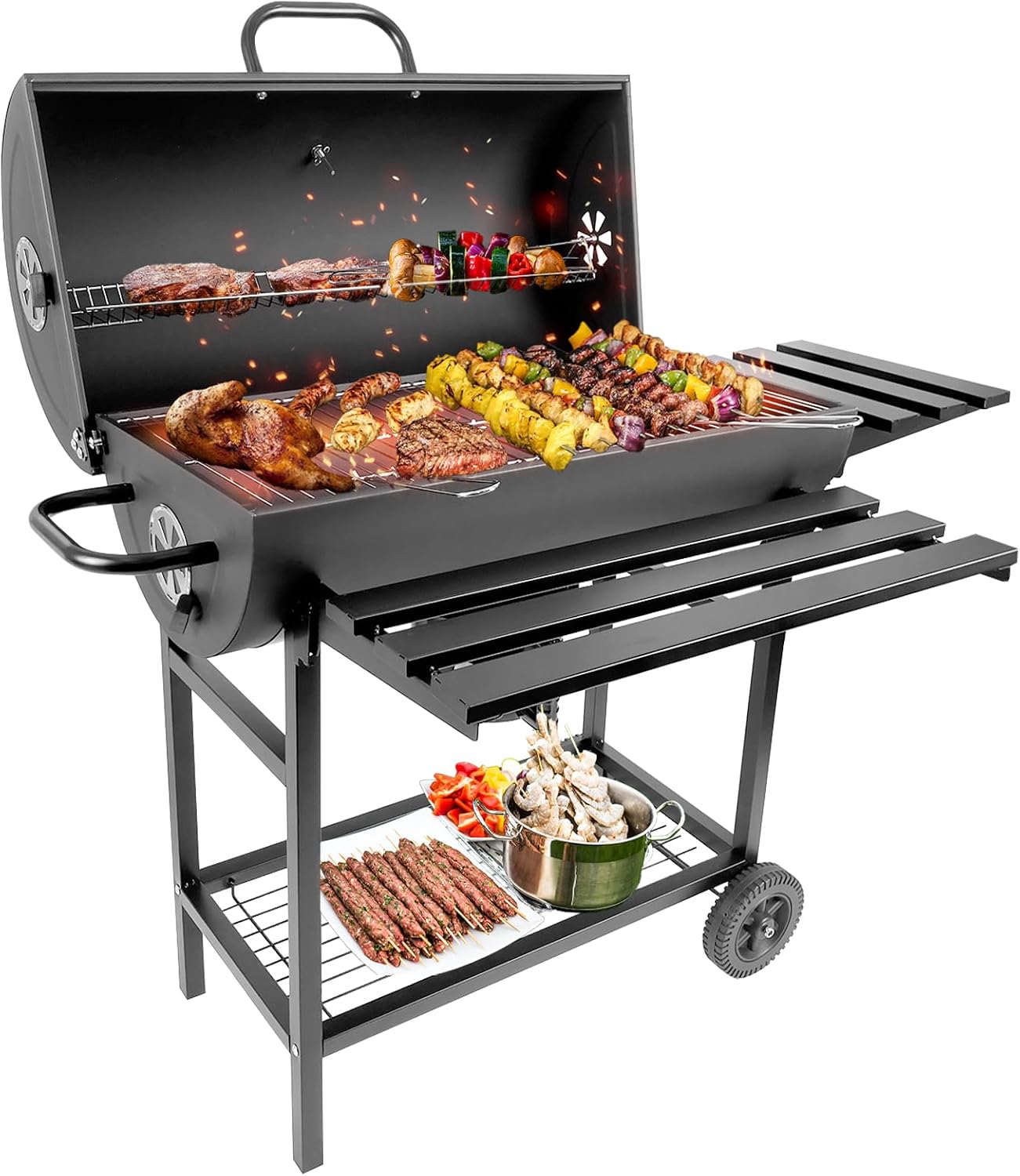 Charcoal Grill with Temperature Gauge - Large Outdoor Barrel Barbecue Grill with Side Table, 565 sq in Cooking Space for 8-12 People, Ideal for Camping and Backyard BBQ
