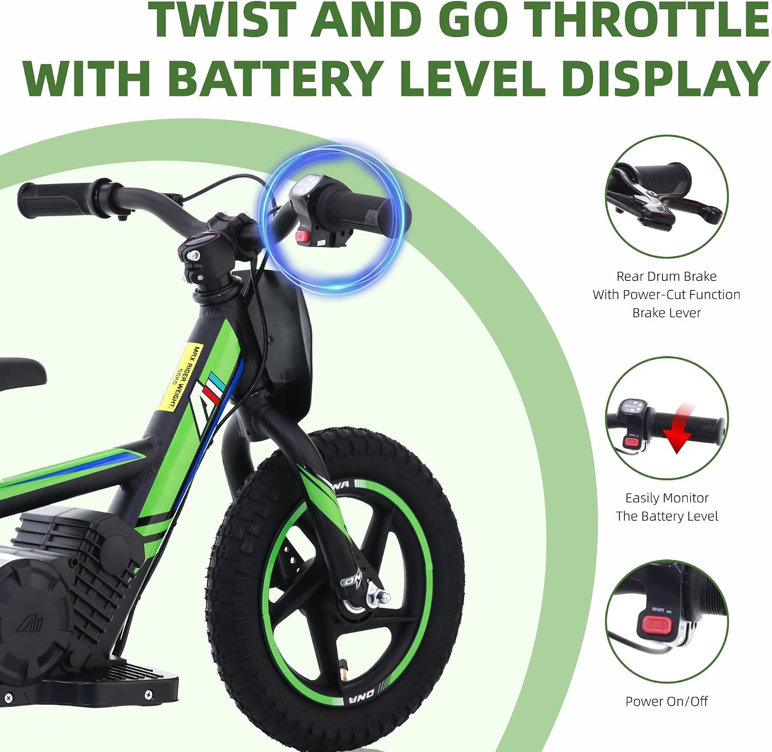 AIII Lightweight Electric Dirt Bike for Kids, 170/340W Electric Motorcycle Up to 10/12MPH, 24V Detachable Battery, Hand-Operated Dual Brakes Electric Balance Bike for Ages 3-6/5-12