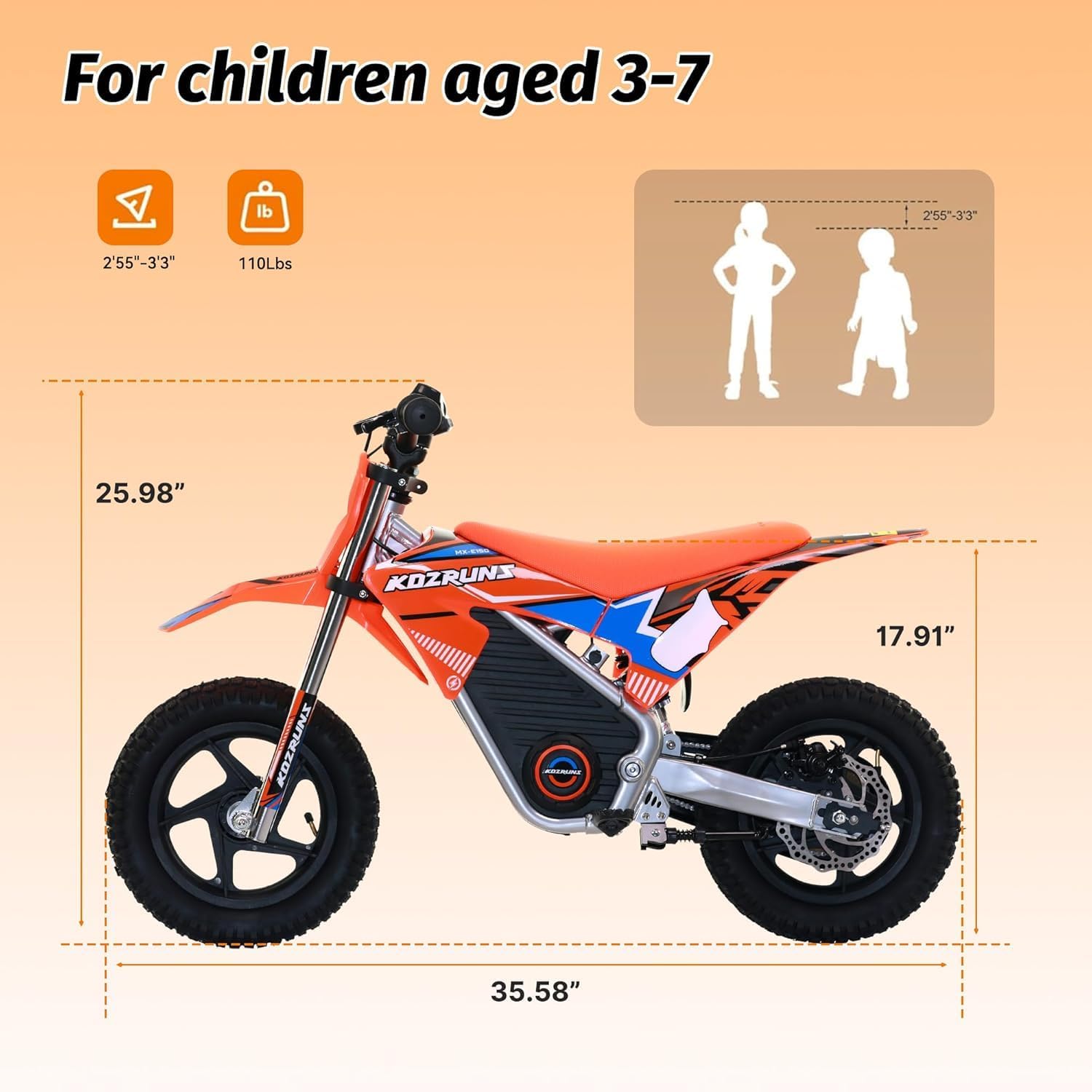 Electric Dirt Bike for Kids 3-7, 150W Powerful High Performance Racing Electric Motorcycle, 2 Speed Settings, Up to 8.0MPH, 12-Inch Off-Road Tires, Rear Disc Brakes & Advanced Suspension