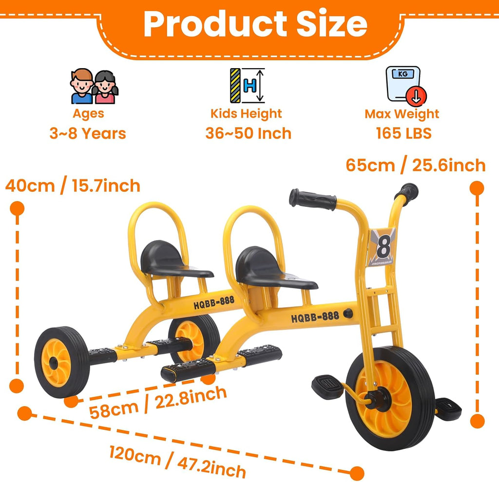 Kids Tricycle for Ages 3-8, Double Kids Trike Bike, Preschool Daycare Outdoor Tandem Bike with Airless Rubber Tires, Two-Seater and Non-Slip Pedals, Gift for Boys and Girls