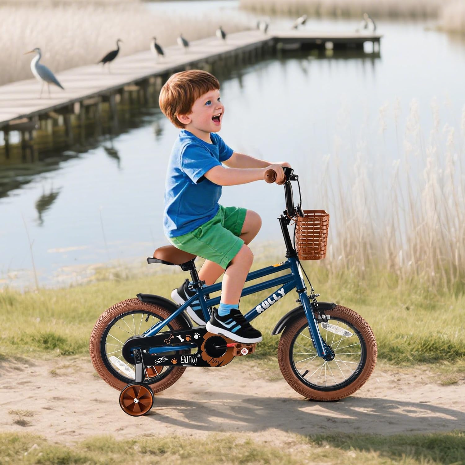 RULLY 12 14 16 Inch Boys' Bike for Kids Ages 2-6, Toddler Bicycle with Training Wheels, Coaster Brake & Handbrake, and Front Basket(Blue Black Green)