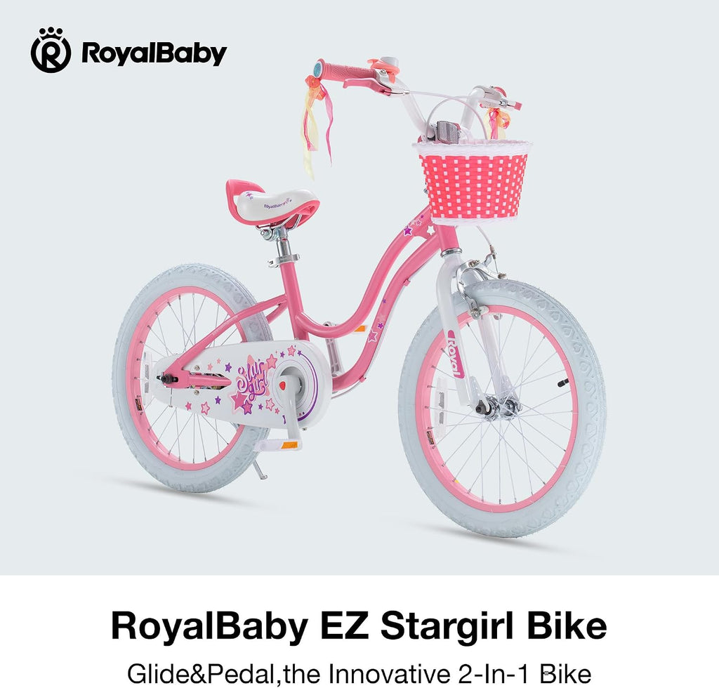 RoyalBaby Girls Bike, Stargirl EZ Kids Bike Balance and Pedal Bicycle with Basket and Dual Handbrake, 12 14 16 18 Inch Toddlers to Big Kids 3-8 Years, Multiple Colors