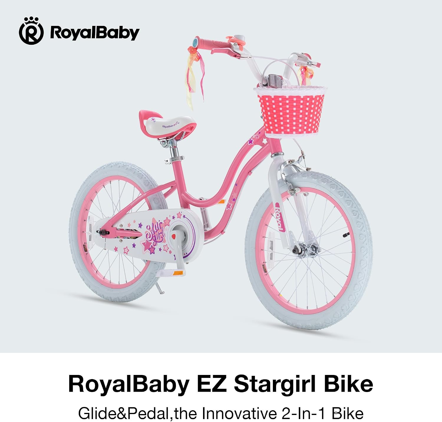 RoyalBaby Girls Bike, Stargirl EZ Kids Bike Balance and Pedal Bicycle with Basket and Dual Handbrake, 12 14 16 18 Inch Toddlers to Big Kids 3-8 Years, Multiple Colors