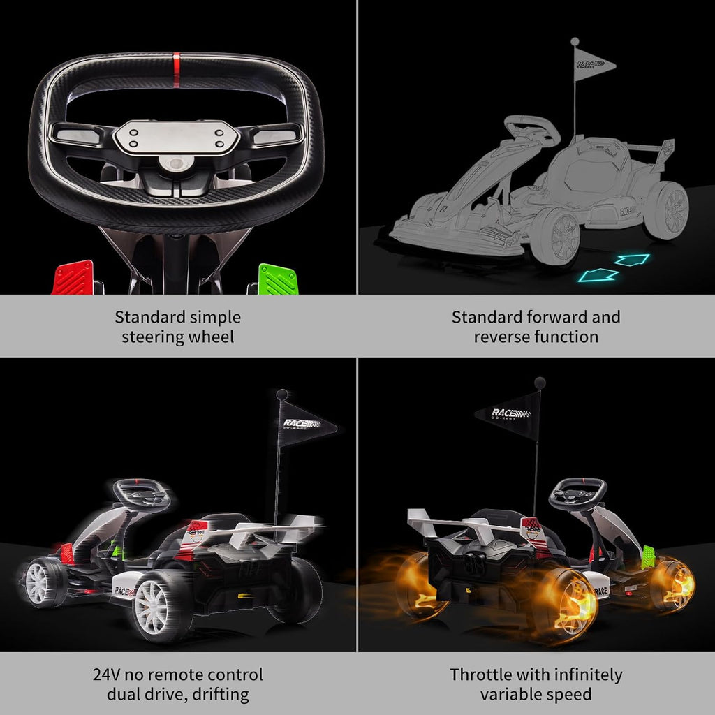 GarveeLife 24V Electric Drift Kart for Kids, Ride Car with Adjustable Seat & 8.5MPH Speed, EVA Silent Wheels, Parent-Safety Certified Ride-On Toy