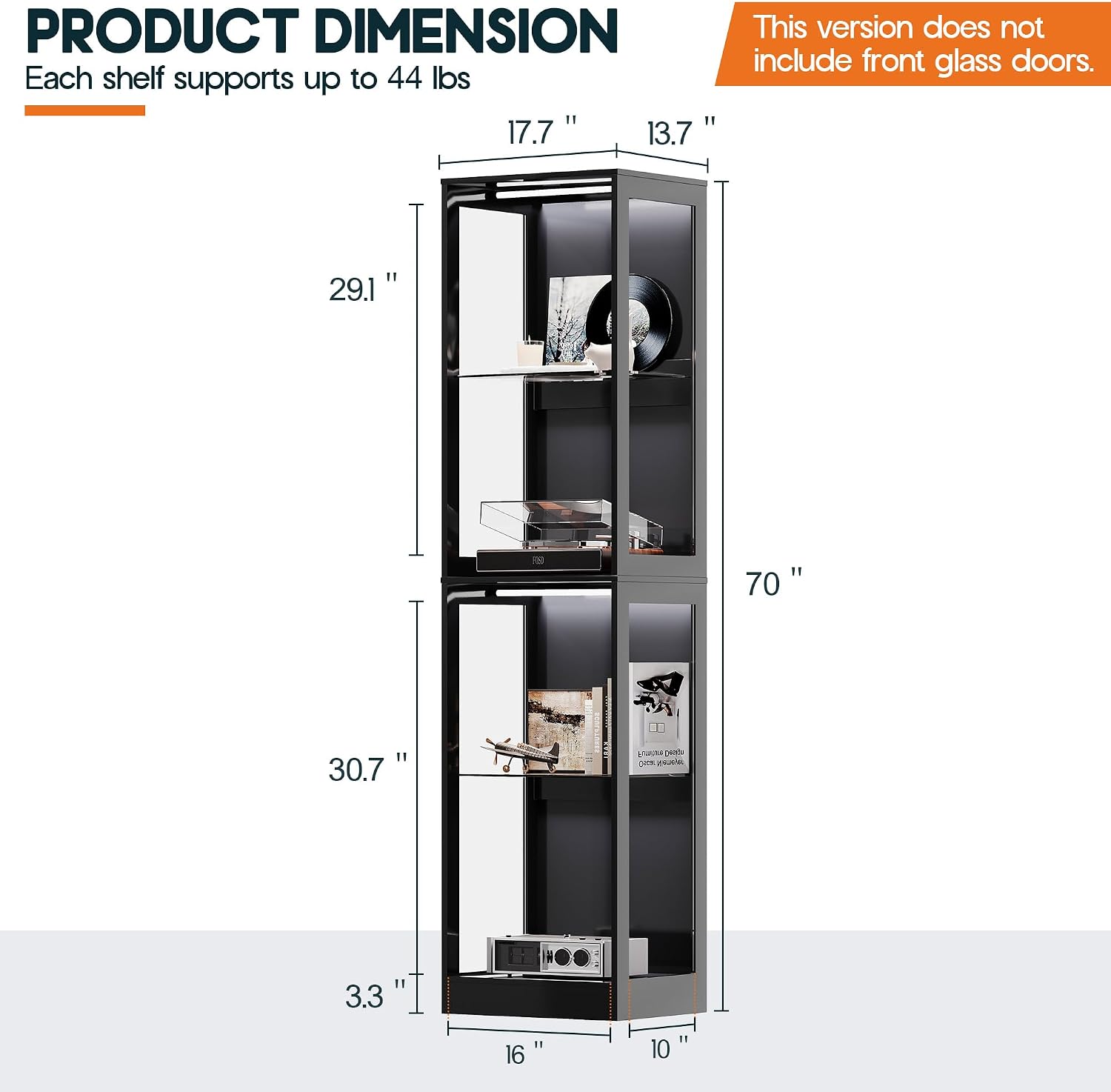 AMERLIFE RGB Display Cabinet with Adjustable Shelves, 4-Tier Storage Case with LED Lights, Modern Display Shelf for Collectibles, Black 70' H×18' L×14' D