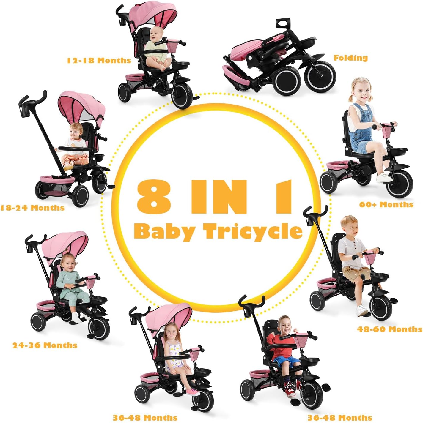 TODEFULL Folding Kids Tricycle, 8 in 1 Toddler Trike W/Removable & Adjustable Canopy, Parent Handle, 5-Piont Harness, Toddler Bike Tricycle for Kids 1-6 Years, EVA Wheels, Storage Basket, Pink