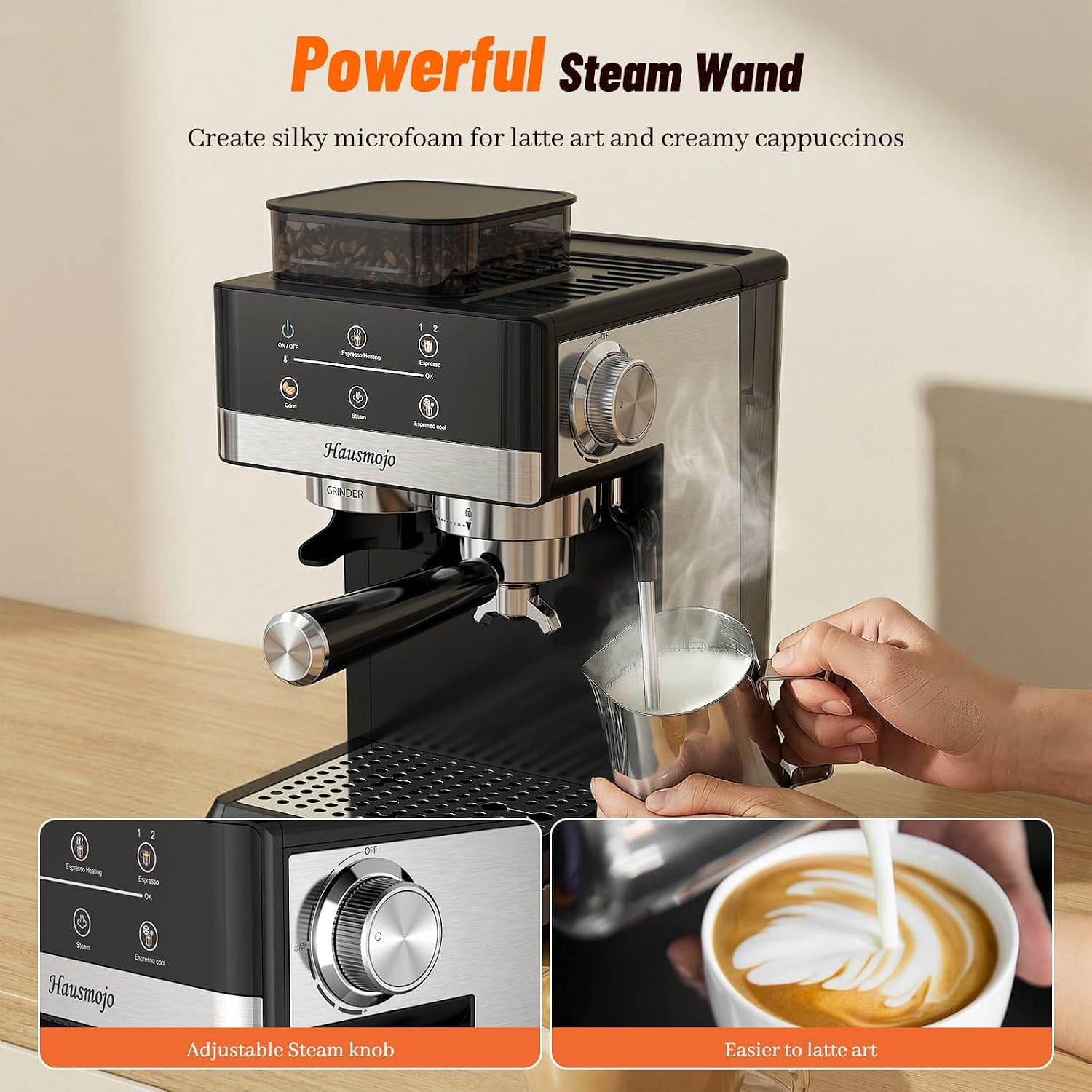 Espresso Machine with Grinder, 20Bar Expresso Coffee Machines with Milk Frother, Professional Compact Stainless Steel Coffee Maker for Espresso, Latte & Cappuccino, Perfect for Home Use