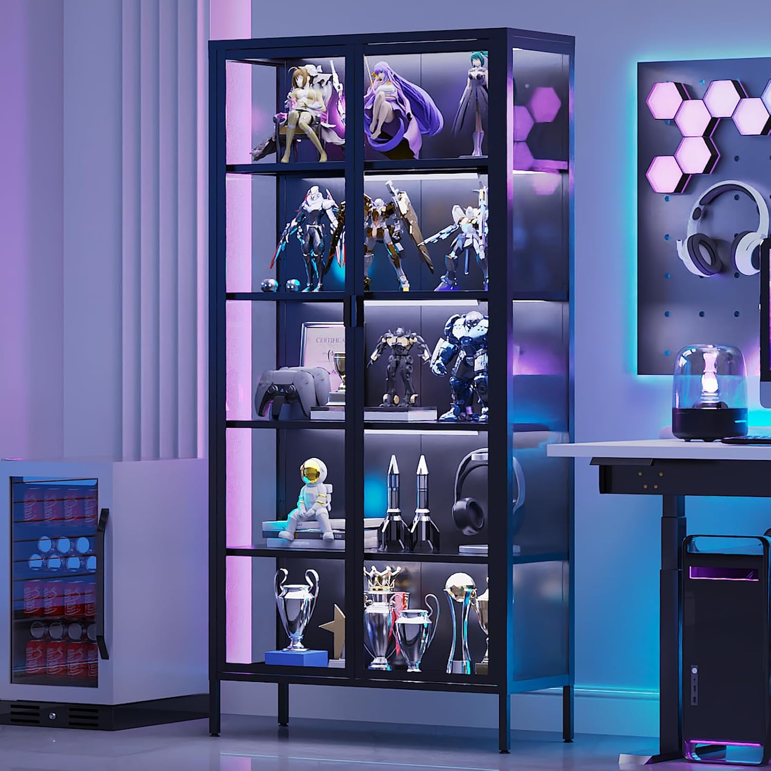 Eltean 71' H Display Cabinet with Glass Doors, 5 Tiers Curio Glass Display Cabinet with 3 Colors LED Sensor Light,Display Cabinets for Collectible with 4 Adjustable Shelves for Living Room,Bedroom