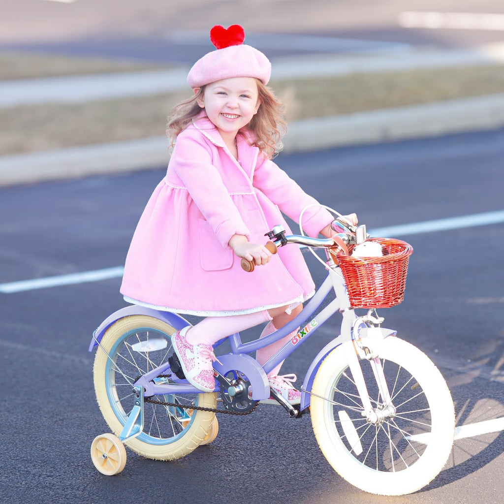 Bixike Retro Design Girls Bike with Basket and Coaster Brake for 3-13 Years Old Kids, 14 16 18 Inch Cruiser Bicycle for Toddlers with Training Wheels, 20 24 26 Inch with Kickstand, Multiple Colors