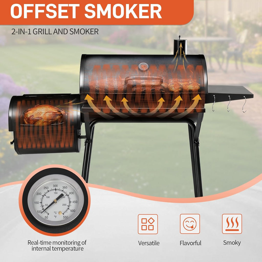Outvita Charcoal Grill with Offset Smoker, Barrel Barbecue Smoker Grill with Spacious Cooking Area for BBQ, Backyard Patio Picnic Parties Camping, Black