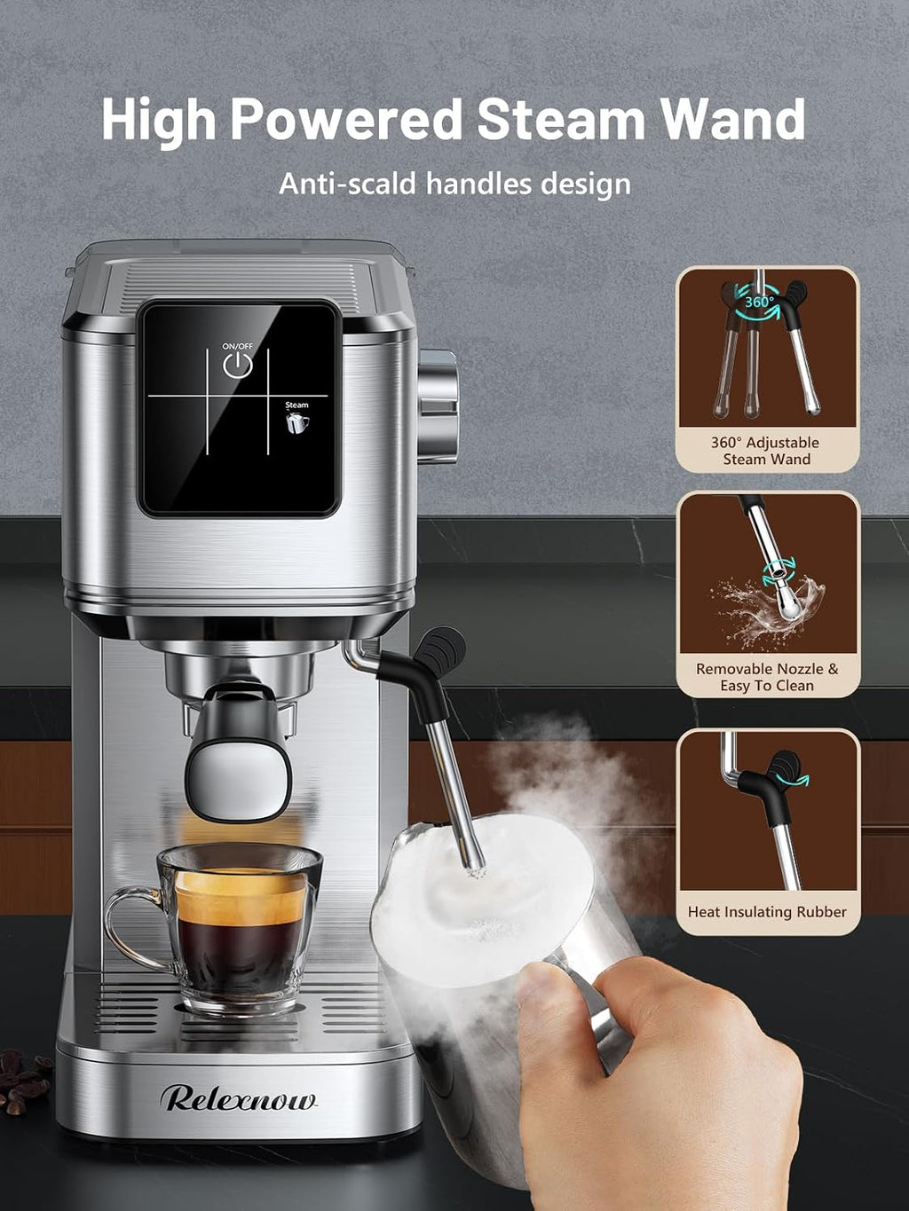 RELEXNOW Espresso Machine, 20 Bar Espresso Maker Milk Frother & LCD Panel, Hot & Iced with Rapid Cold Brew, Stainless Steel Espresso Coffee Machine with 41oz Water Tank for Cappuccino, Latte