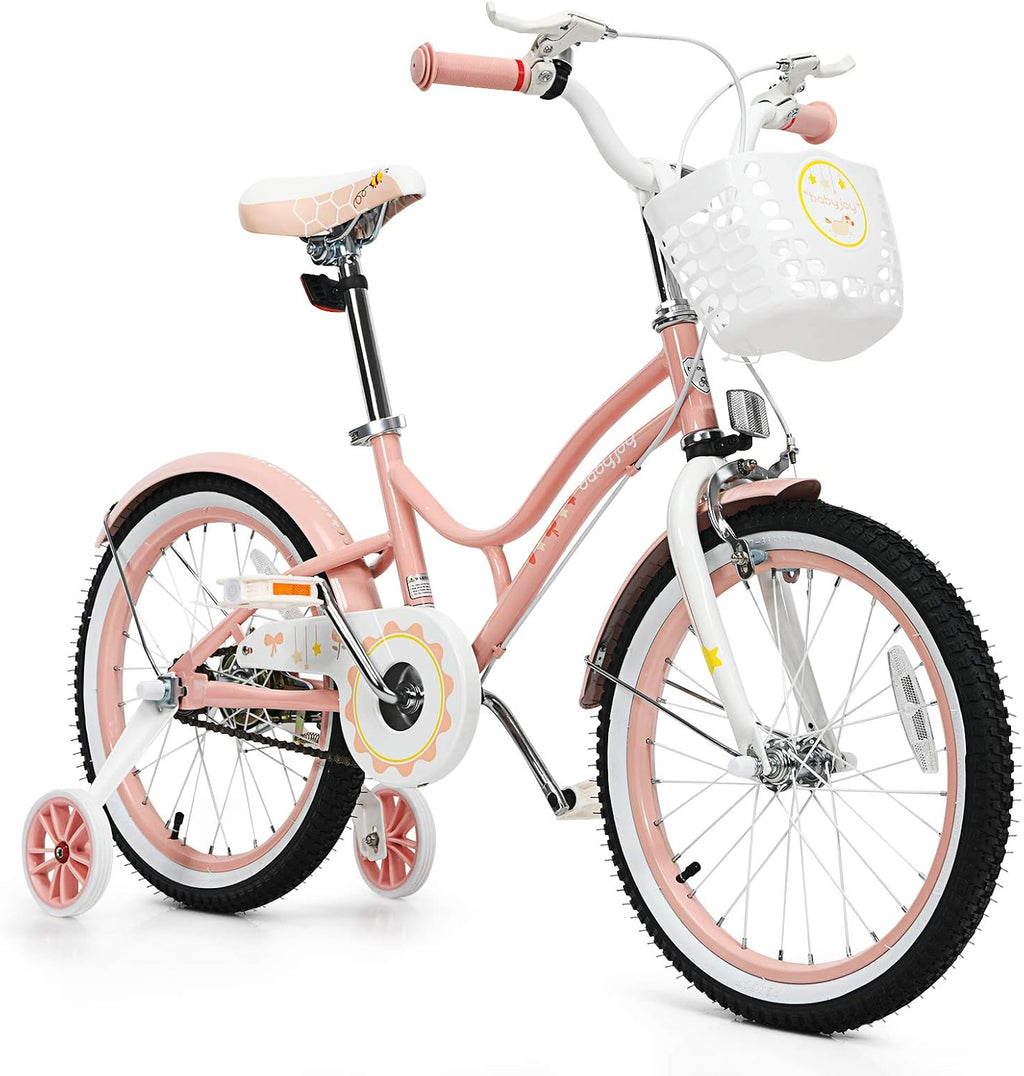 BABY JOY Girls Bike, 12' 14' 16' 18' Kids Bike for 3-8 Years Old with Training Wheels, Adjustable Seat & Handlebar, Handbrake & Coaster Brake, Children Bicycle