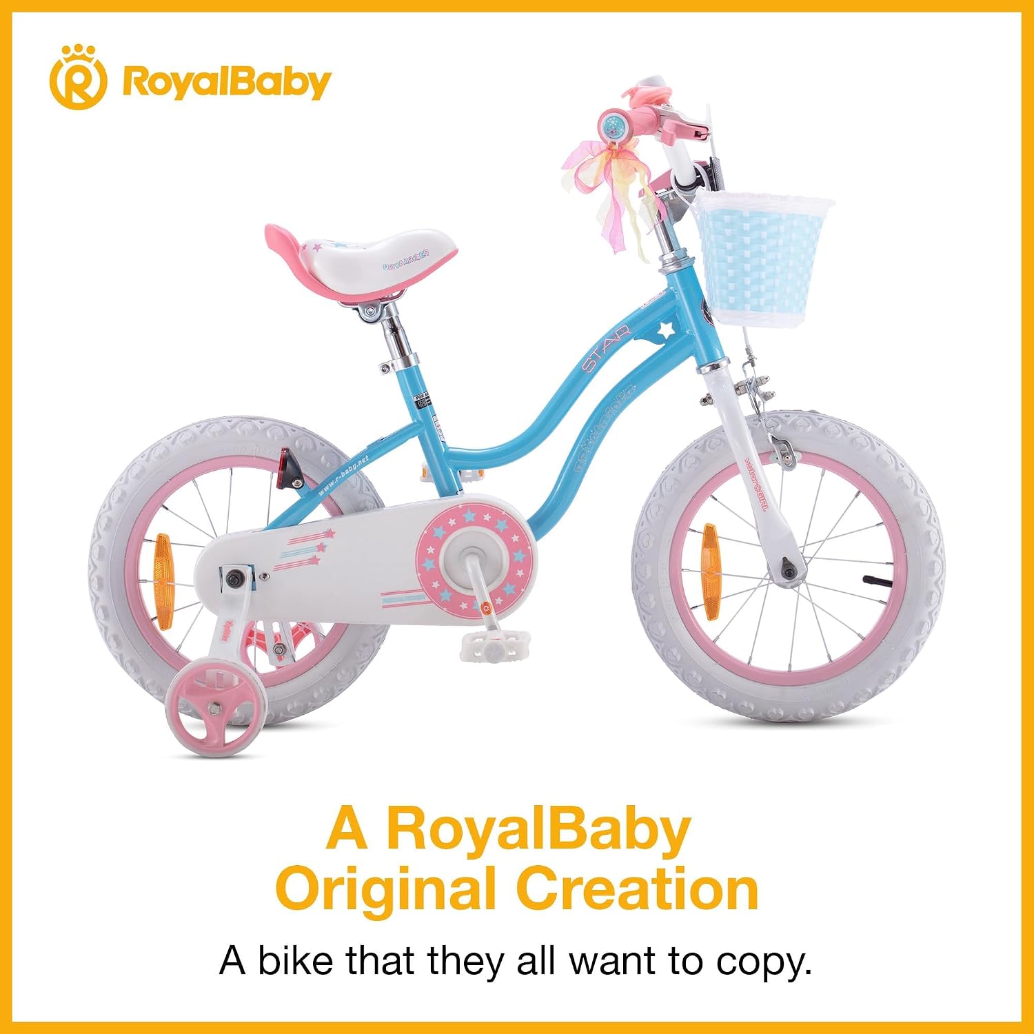 Royalbaby Stargirl Children's Bicycle Outdoor Adventure Ride-On Bike with Training Wheels, Adjustable Seat, and Basket, 14 Inch, Blue