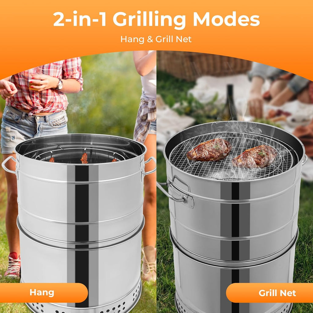 2-in-1 Vertical Smoker Barrel Grill, Portable Charcoal BBQ 360° Smokeless Stainless Steel BBQ Grill Barrel for Outdoor Barbecue, Camping, And Backyard Cooking (Large-50 Skewers)
