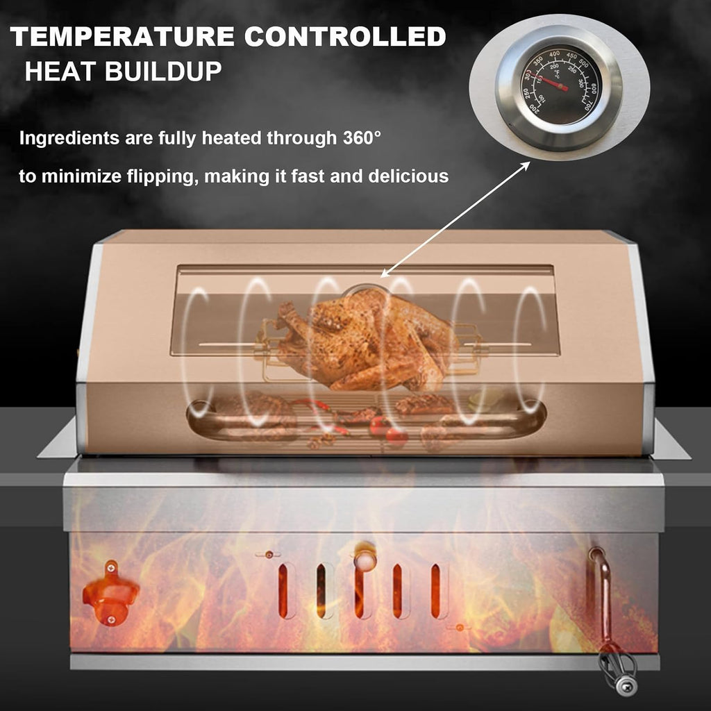 Built-In Stainless Steel Charcoal Grill for Outdoor Kitchen,28 Inch Large Charcoal BBQ Grills with Liftable Tray,Insulated Hood,Temperature Gauge & Cover for Camping,Patio,Park(Glass Square Lid)