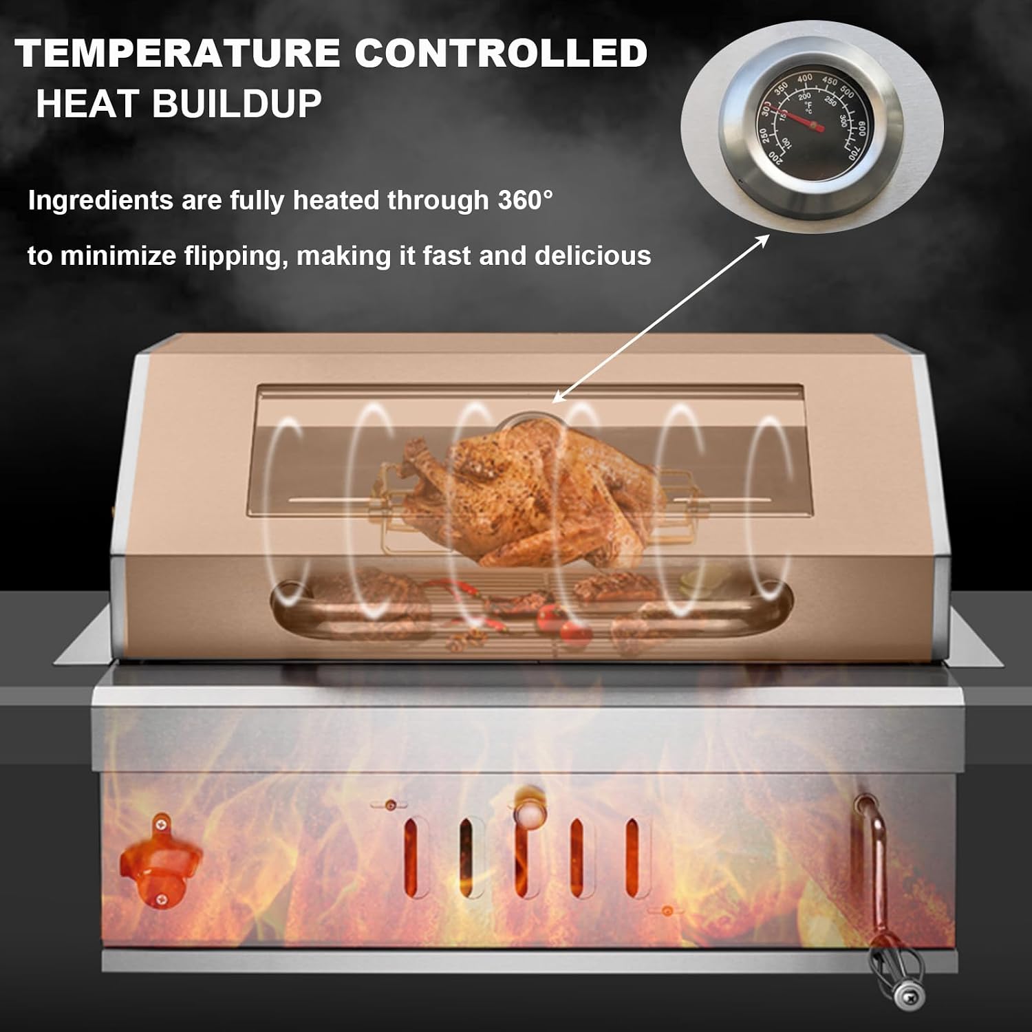 Built-In Stainless Steel Charcoal Grill for Outdoor Kitchen,28 Inch Large Charcoal BBQ Grills with Liftable Tray,Insulated Hood,Temperature Gauge & Cover for Camping,Patio,Park(Glass Square Lid)