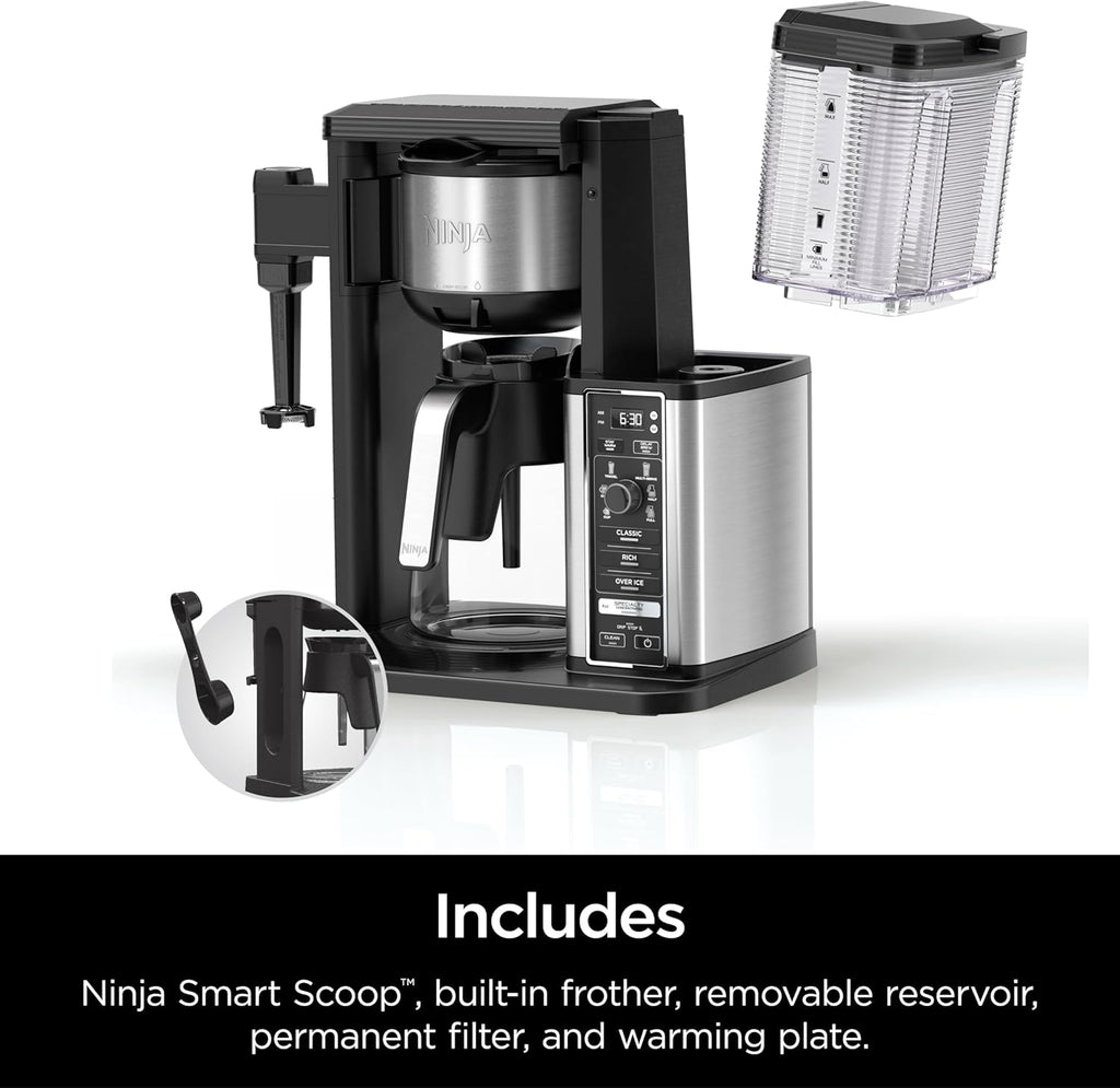 Ninja Specialty Coffee Maker, Hot & Iced Coffee, 6 Brew Styles, 8 Sizes, Small Cup to Travel Mug, 10-Cup Carafe, Fold-Away Frother, Permanent Filter, Removable Reservoir, Black, CM401