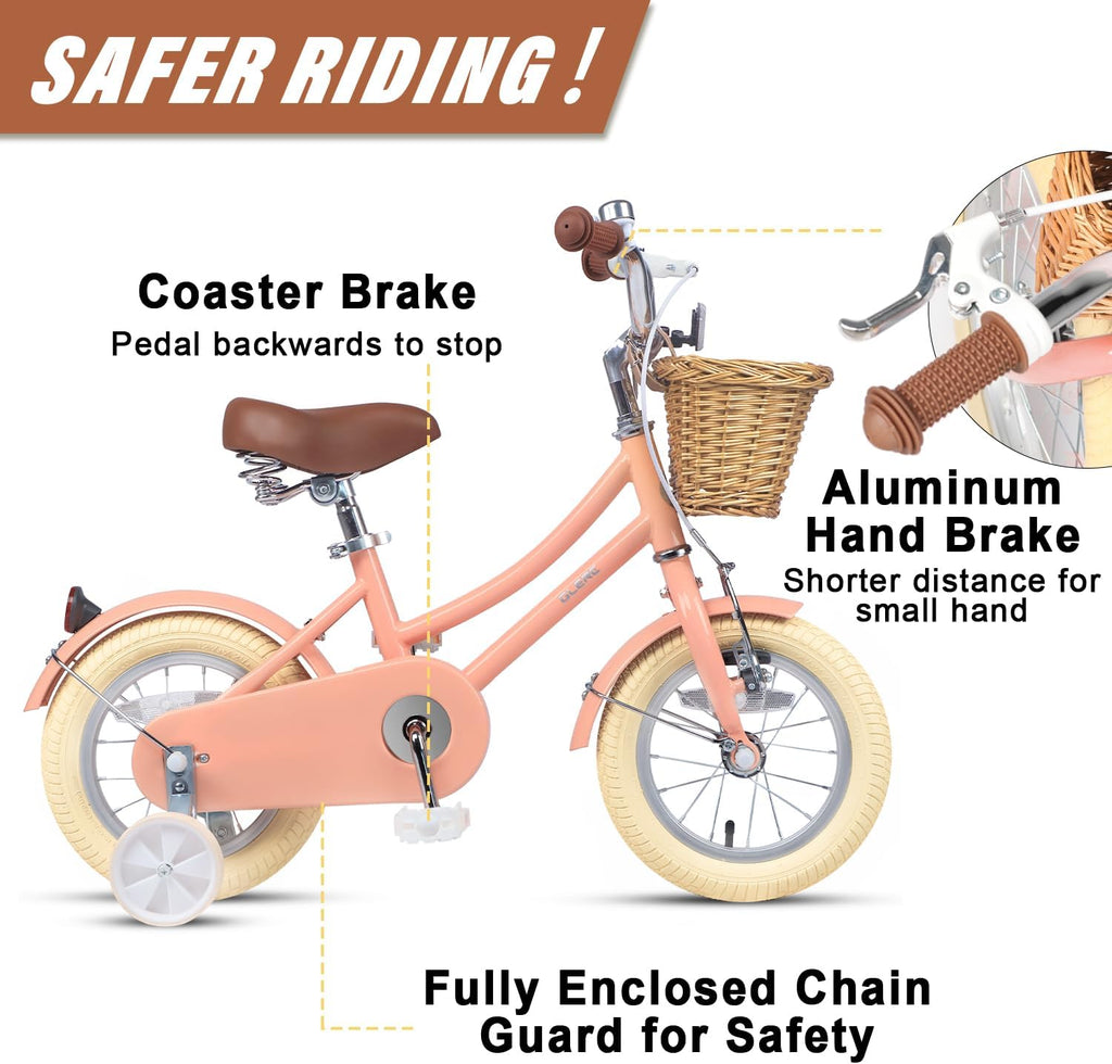 Glerc Little Molly 12-20 Inch Kids Retro Cruiser Bike for 2-13 Year Old with Wicker Basket & Training Wheels/Kickstand, Multiple Colors