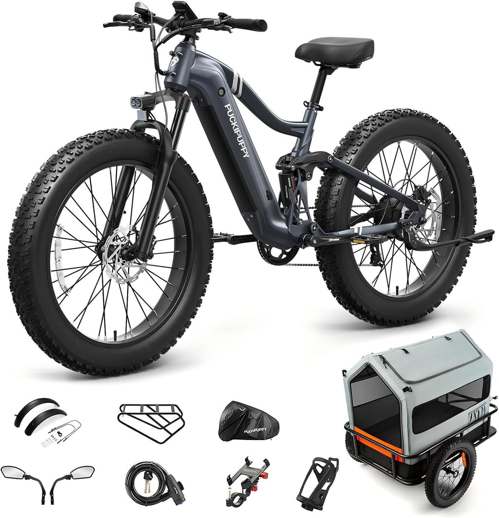 PUCKIPUPPY Electric Bike for Adults 960W, 48V 20AH Battery Ebike, 26' Fat Tire 28MPH 80Miles Range Mountain Electric Bicycle, 7 Speed Hydraulic Disc Brake, Full Suspension