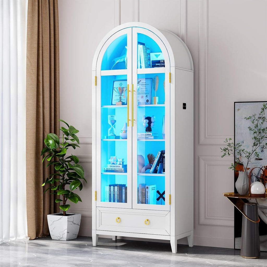 Lvifur 73' Tall Arched Display Cabinet with Glass Doors,4-Tier Curio Cabinets with 3 Color Lights for Collectibles,LED Storage Cabinet with Human Body Sensor,Ajustable Shelf for Toys, Books,White