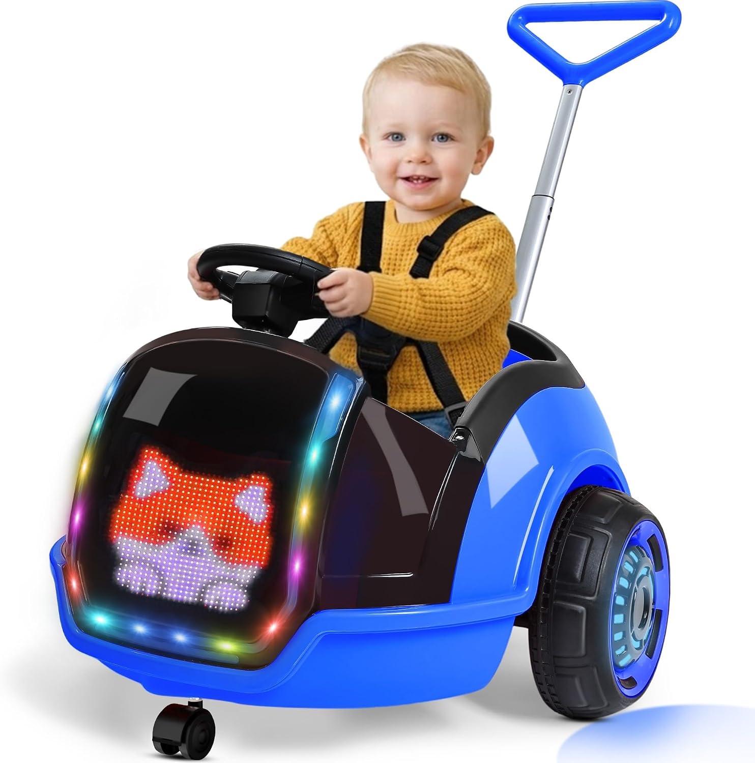 ANPABO 3-in-1 Electric Push Ride On Car, 12V Kids Ride On Toy w/Remote Control, 360° Spin, LED Display, 5-Point Safety Belt, Colorful LED Light, Music Player, Push Car for Toddler Ages 1-3 (Blue)