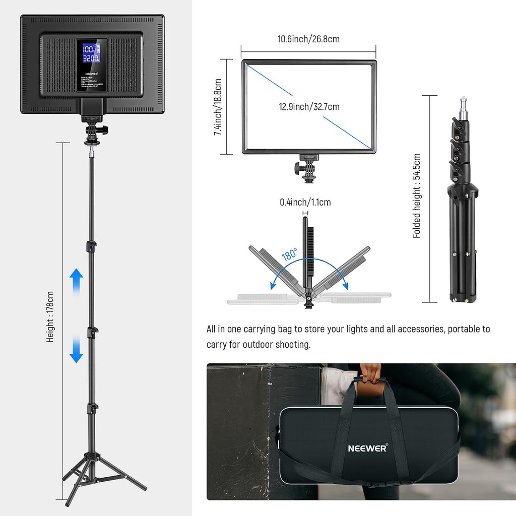 NEEWER 13' LED Video Light Panel Kit, 2 Pack Bi Color Dimmable with Tripod Stand, 4000mAh Battery, 3200K-5600K CRI97+, USB, for Studio/Streaming/YouTube, Black, NL-192AI