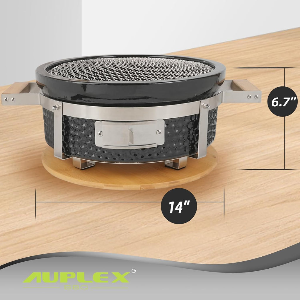 Yakitori Ceramic Charcoal Grill, Japanese Style Tabletop BBQ With Bamboo Heat Shield For Indoor/Outdoor, Round, DIA-14'