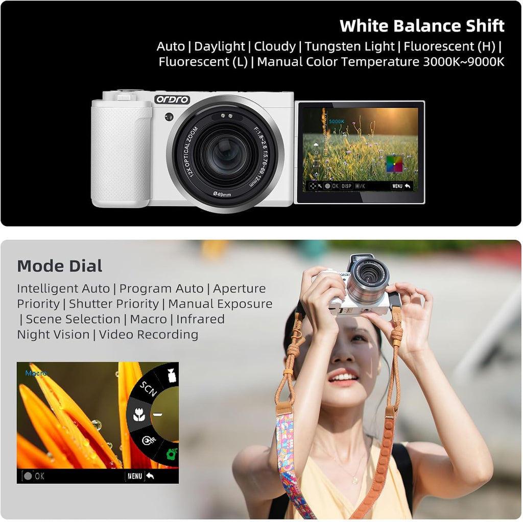 ORDRO 5K Digital Cameras for Photography - 64MP 12X Optical Zoom Travel Content Creator Camera & YouTube Vlogging Camera with Flip Screen, Microphone & Tripod Grip, 64GB Memory Card(White)