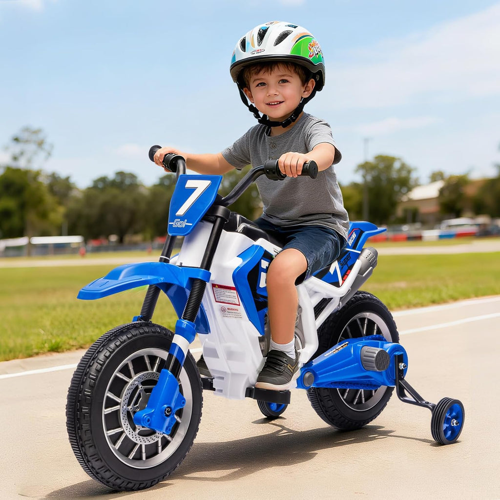JOYLDIAS Kids Motorcycle, 12V7AH Ride On Motorcycle for Kids w/Training Wheels, Music, Spring Suspension, High/Low Speeds, Blue