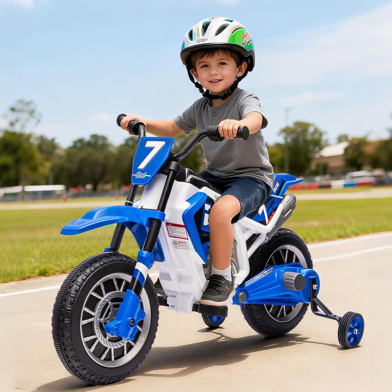 JOYLDIAS Kids Motorcycle, 12V7AH Ride On Motorcycle for Kids w/Training Wheels, Music, Spring Suspension, High/Low Speeds, Blue
