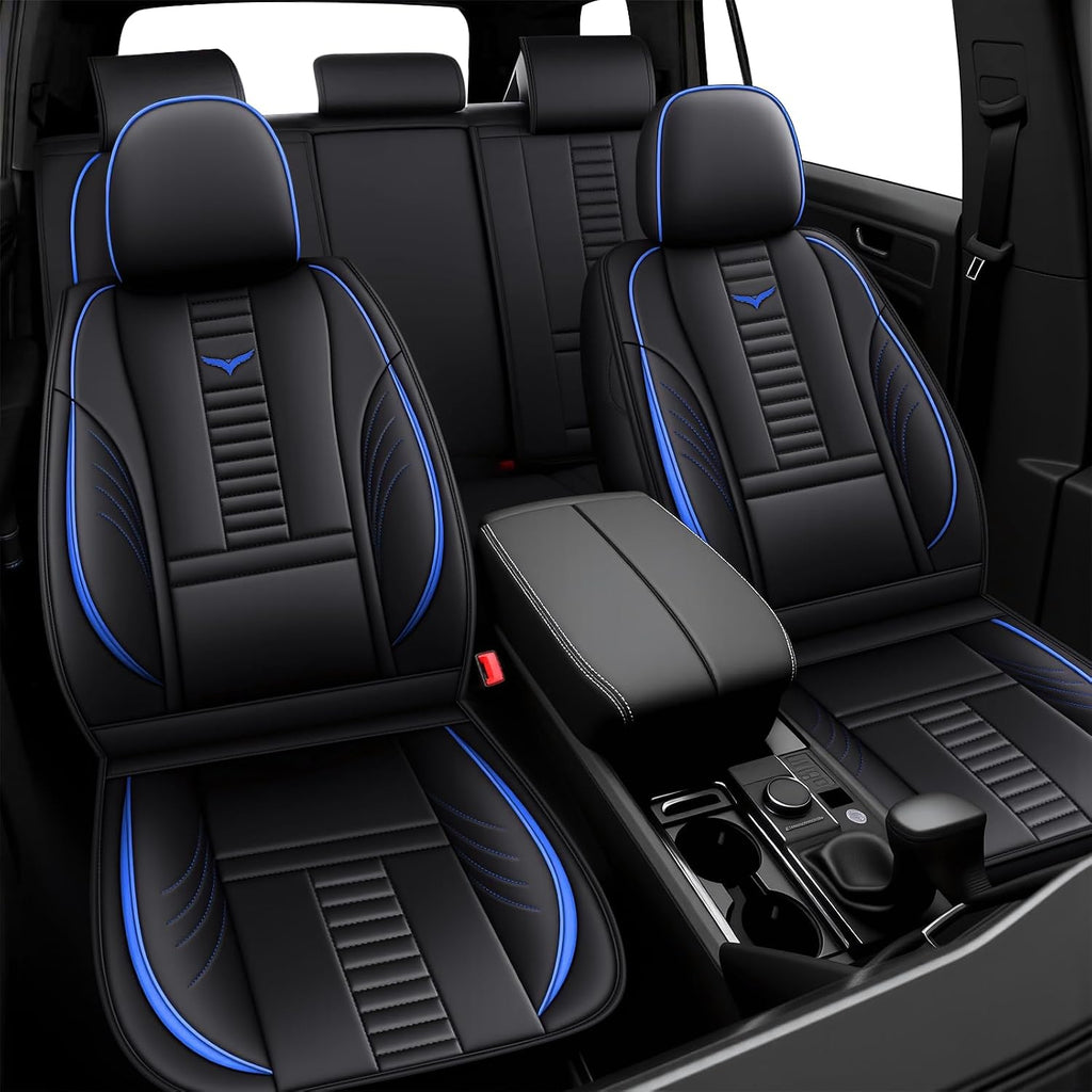 Full Set Car Seat Covers for Honda Pilot 2000-2025, Waterproof Car Seat Protector with Storage Pocket, Easy Install Leather Seat Covers, Automotive Vehicle Cushion with Airbag(Blue,Black)