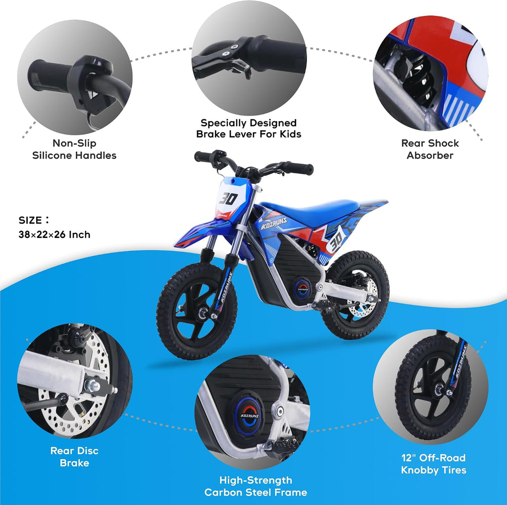AIII 36V Electric Dirt Bike for Kids 3-8, High Performance 250W Racing Grade Motorcycle, Up to 15.5MPH, 3 Speed Settings, 12-Inch Off-Road Tires, Rear Disc Brakes & Advanced Shock Absorption, Blue
