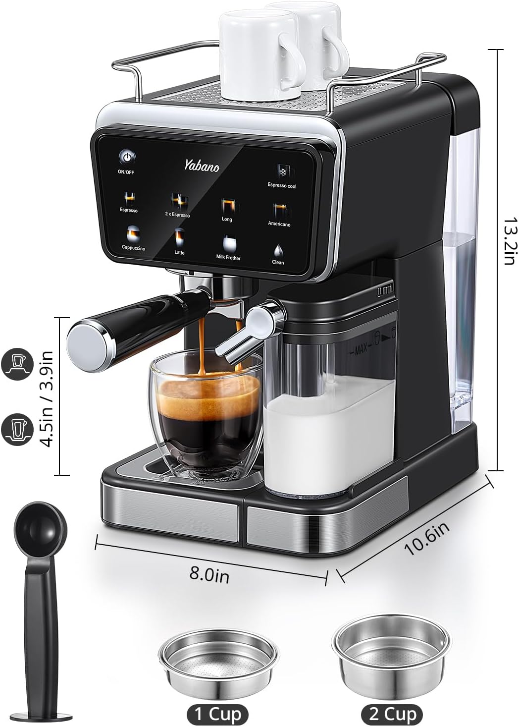 Yabano Espresso Machine with LED Touch Screen, 20 Bar Pressure & Automatic Milk Frother, 1.5L Water Tank, for Cappuccino, Americano & Latte, 1350W