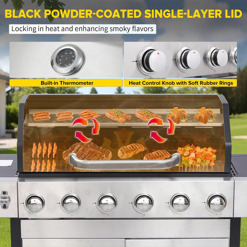 CIG GARDEN 6-Burner Propane Gas Grill with Side Burner & Lid - 73000 BTU Stainless Steel BBQ Grill with Warming Rack for Backyard, Patio, Camping Outdoor Cooking
