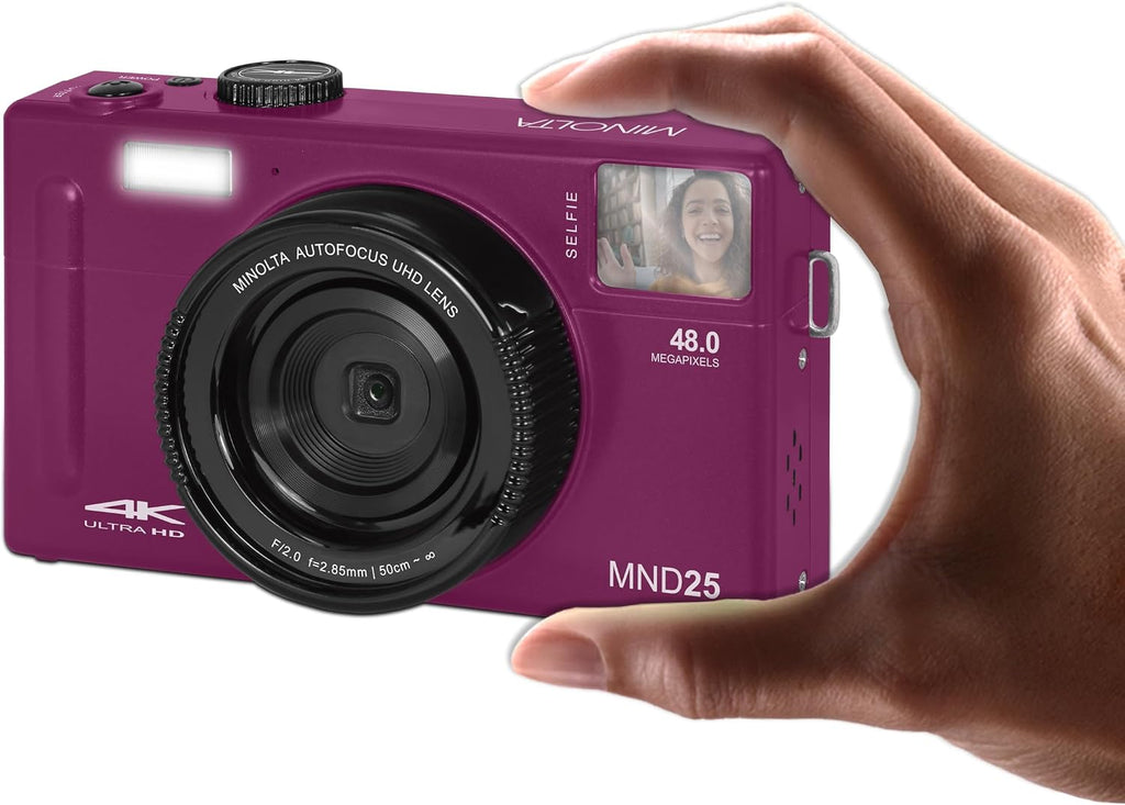 Minolta 48MP Autofocus Digital Camera with Selfie Mirror – 4K Ultra HD Video, 16x Digital Zoom, 3.0' LCD, Face Detection, Smile Capture, Scene Modes, Rechargeable Battery, Memory Card (Magenta)