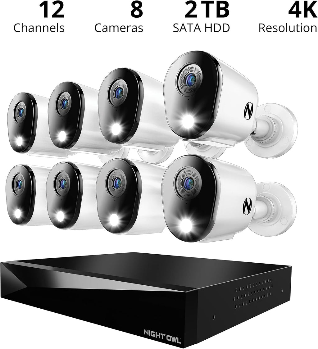 Night Owl 2-Way Audio 12 Channel DVR Video Home Security Camera System with (8) Wired 4K HD Indoor/Outdoor Deterrence Cameras and 2TB Hard Drive (Add up to 4 Wi-Fi Cameras) (8 Camera)