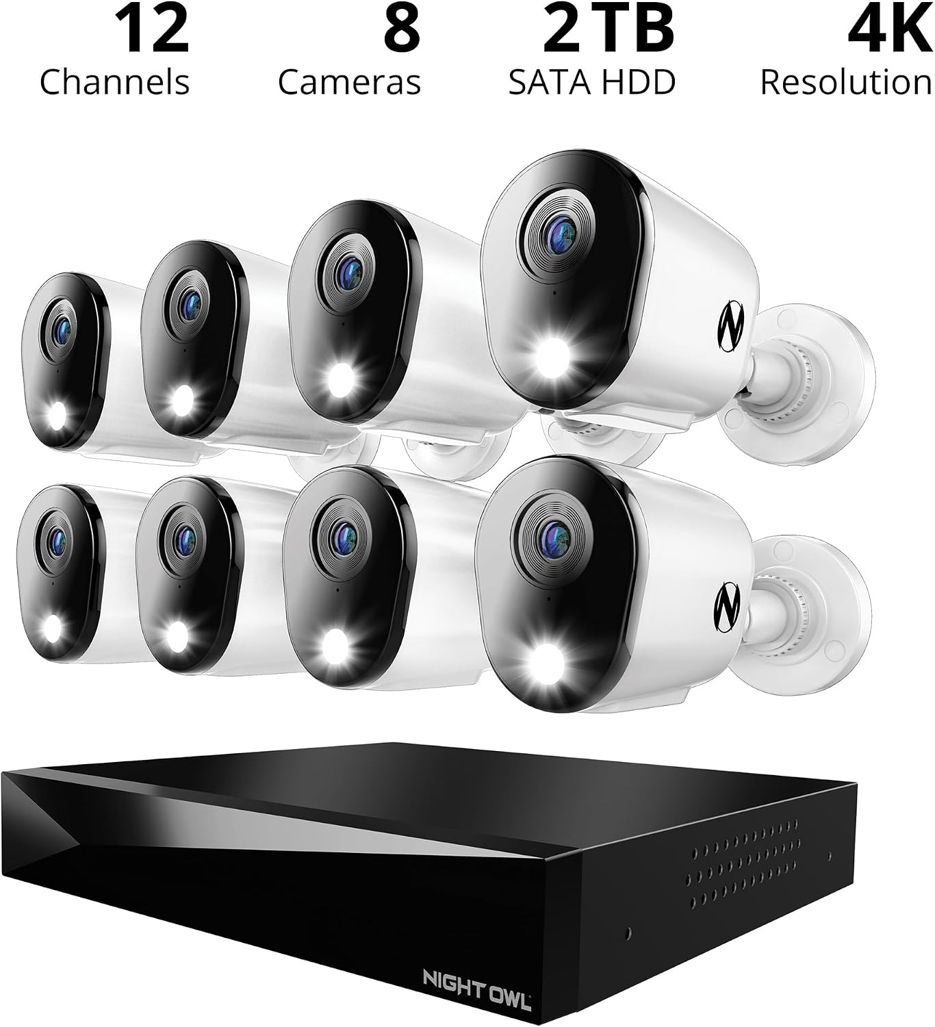 Night Owl 2-Way Audio 12 Channel DVR Video Home Security Camera System with (8) Wired 4K HD Indoor/Outdoor Deterrence Cameras and 2TB Hard Drive (Add up to 4 Wi-Fi Cameras) (8 Camera)