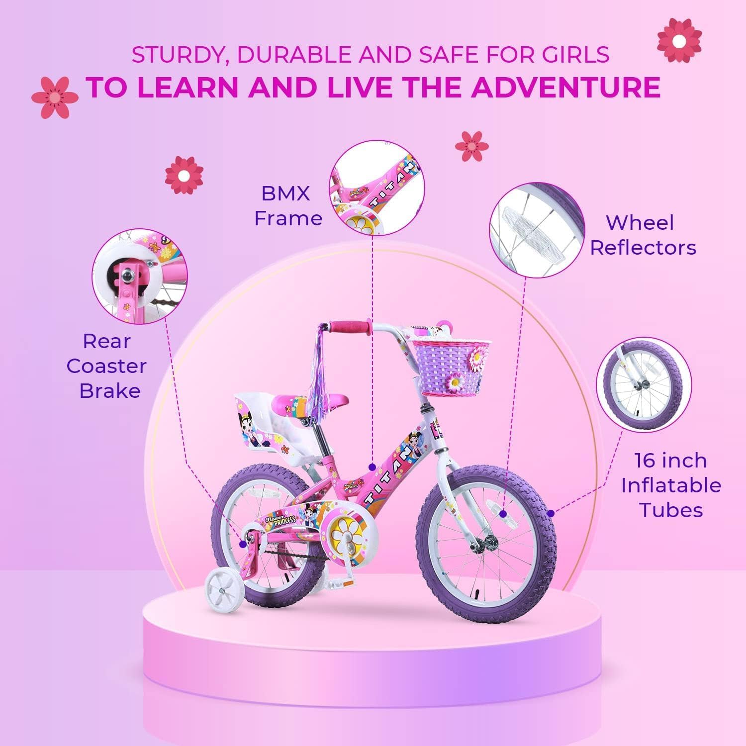 Titan Girls BMX Bike for Kids Ages 4-7, 16-Inch Wheels, 9-Inch Frame, Training Wheels, Toy Seat, Doll Basket, Streamers, First Bike, Princess Bicycle, Gift for Girls | for Kids, Training Wheels, Toy Seat, Doll Basket, Streamers, First Bike