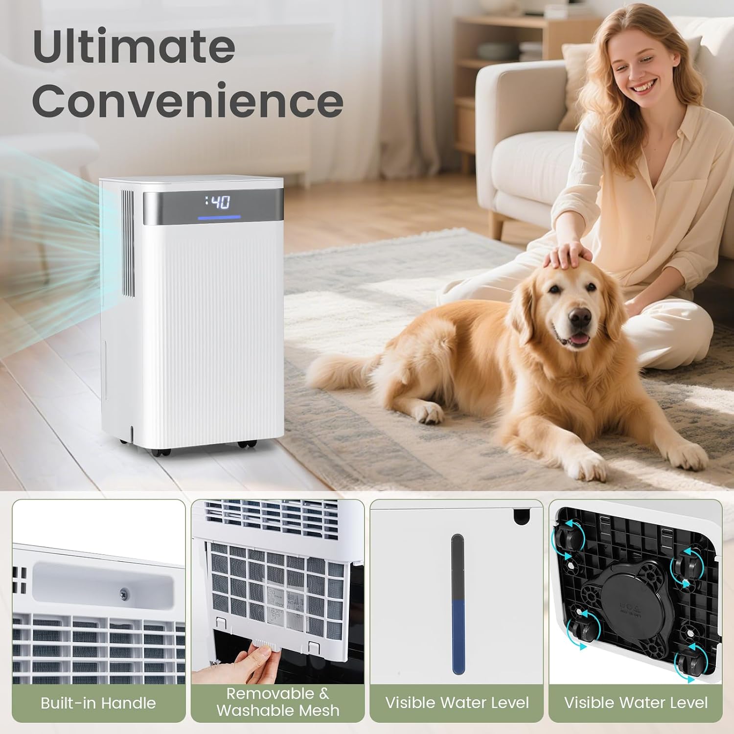 COSTWAY 32 Pints Dehumidifier, 24H Timer, 3-Color Indicator, Drain Hose & Wheels, Low Noise, 2000 Sq.Ft Portable Dehumidifier Home, Bathroom, Bedroom