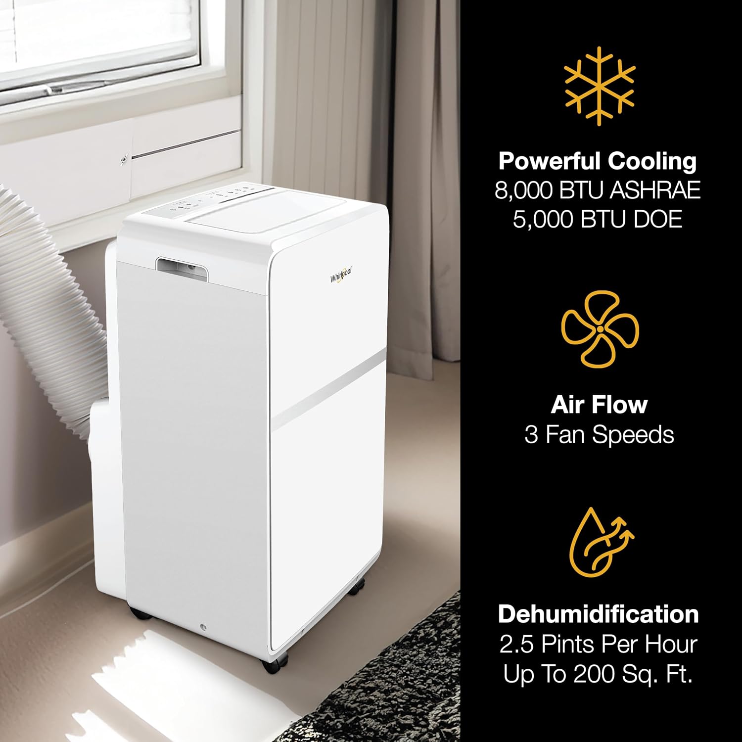 Whirlpool 8,000 BTU Portable Air Conditioner with Dehumidifier for Apartment, Bedroom, Small Rooms up to 200 Sq. Ft., 115V, with 3 Speeds, 24H Timer, and Remote Control, White