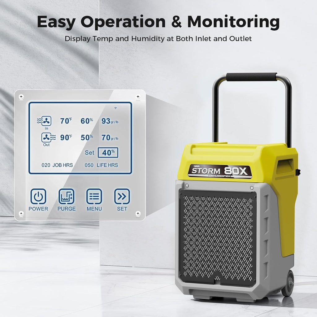 ALORAIR 170 PPD Commercial Dehumidifier with Pump & Drain Hose, LGR Industrial Use, Portable Dehumidifier with Wheels for Water Damage Restore, Carpet Drying, Storm 80X (Yellow)