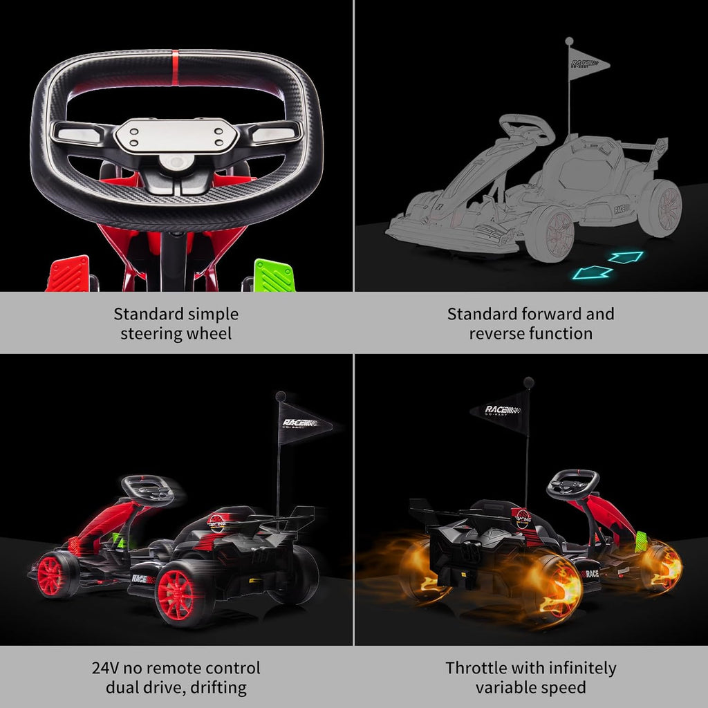 GarveeLife 24V Electric Drift Kart for Kids, Ride Car with Adjustable Seat & 8.5MPH Speed, EVA Silent Wheels, Parent-Safety Certified Ride-On Toy