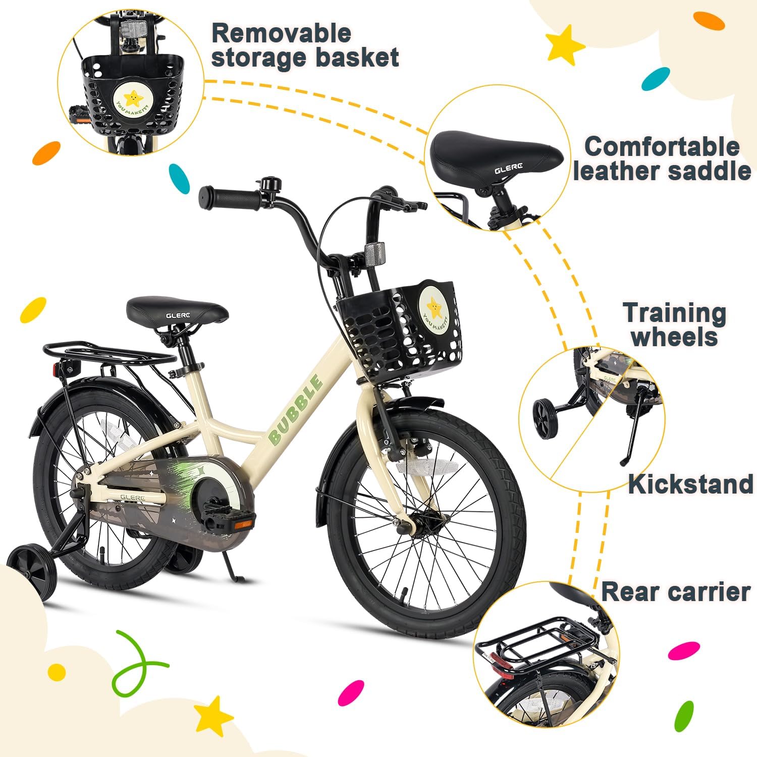 Glerc Bubble Kids Bike, 12-16 Inch Children Bicycle for 2-8 Years Old Boys Girls, Kids Bicycle with Basket & Training Wheels, Multiple Colors