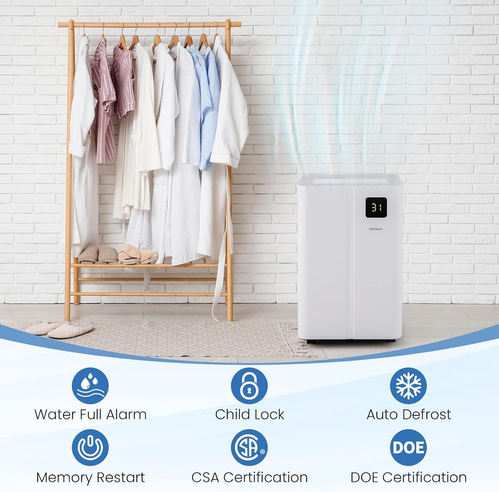 COSTWAY 54 Pints Dehumidifier for Basement, 4500 Sq.Ft Dehumidifier with 3 Modes, 24H Timer, LED Display, 3-Color Indicator Light, Child Lock, Drain Hose & Auto Defrost for Bathroom Bedroom