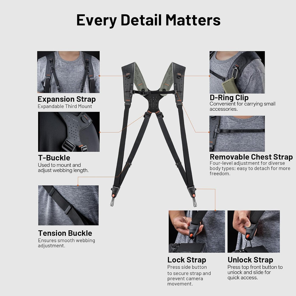 PGYTECH Camera Strap Master, Leather Dual Shoulder Harness for 3 Cameras, Adjustable Camera Harness for Professional Photographers, Sports/Wildlife/Wedding/Events Photography Camera Straps, Green