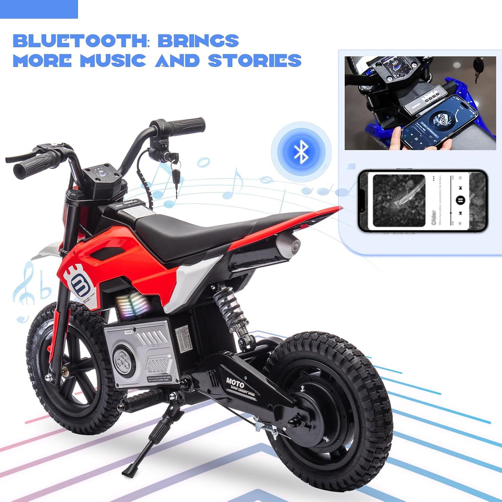 WEEROCK 24V Kids Electric Motorcycle 5+ Years Old, Child Ride On Electric Dirt Bike, Rear Shock Absorber, LED Breath Lamp, Bluetooth for Boys Girls Children Electria Toy Gift, Red