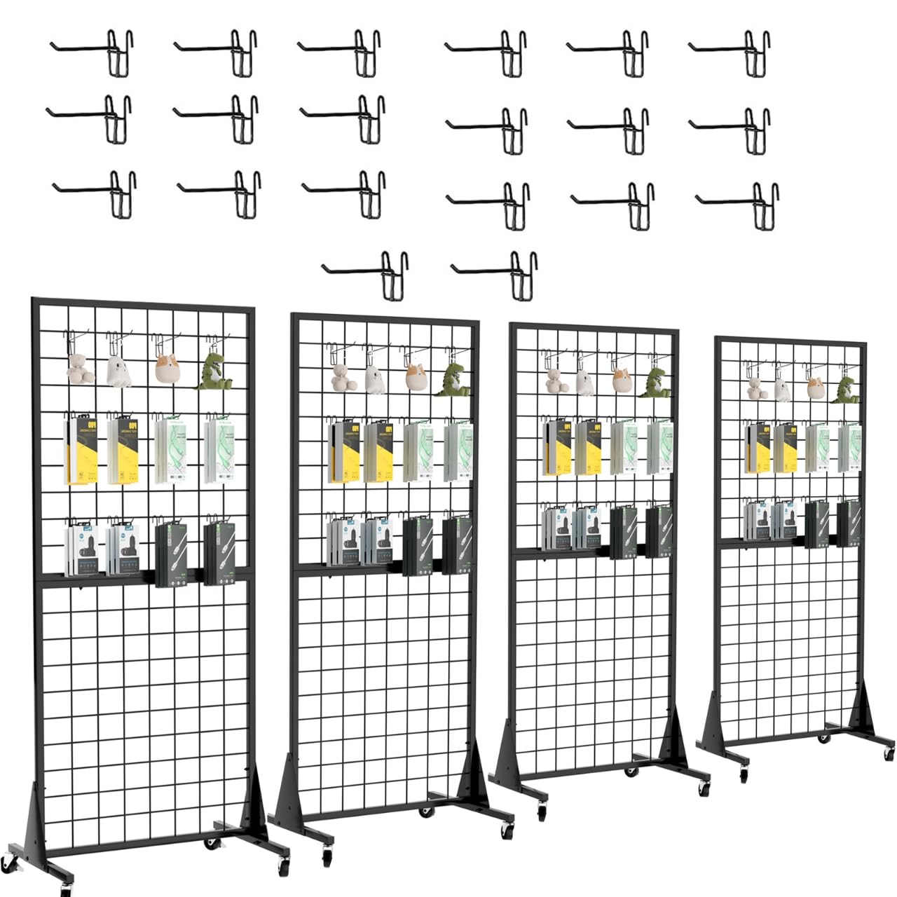4-Pack 2'x5.5' Ft Gridwall Panel Display Stands Heavy Duty Floor Standing Retail Display Rack with Triangle Base for Retail Art Show With 20 Hooks