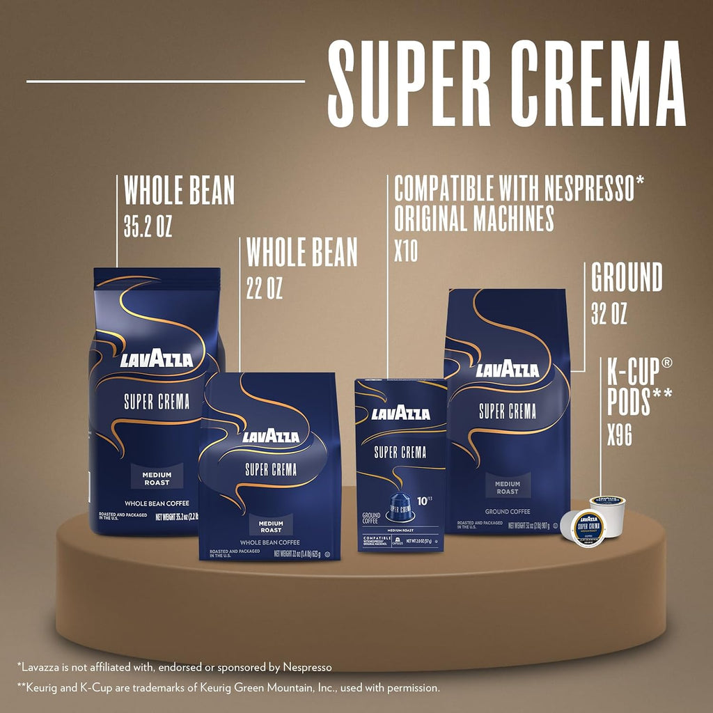 Lavazza Super Crema Ground Coffee, Medium Roast, Arabica and Robusta Blend, 32 oz Bag (Pack of 6)